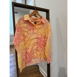 TALBOTS Womens XL Linen Blend Tropical Leaf Print Button Up Shirt Yellow Pink
